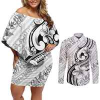 Hawaii Plumeria Lokelani Pikake Lei Couples Matching Off Shoulder Short Dress and Long Sleeve Button Shirt Ele'ele Polynesian Tattoo LT9 Black - Polynesian Pride
