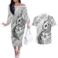 Hawaii Plumeria Lokelani Pikake Lei Couples Matching Off The Shoulder Long Sleeve Dress and Hawaiian Shirt Ele'ele Polynesian Tattoo LT9 Black - Polynesian Pride