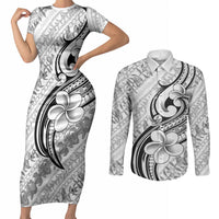 Hawaii Plumeria Lokelani Pikake Lei Couples Matching Short Sleeve Bodycon Dress and Long Sleeve Button Shirt Ele'ele Polynesian Tattoo LT9 Black - Polynesian Pride