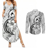 Hawaii Plumeria Lokelani Pikake Lei Couples Matching Summer Maxi Dress and Long Sleeve Button Shirt Ele'ele Polynesian Tattoo LT9 Black - Polynesian Pride