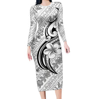 Hawaii Plumeria Lokelani Pikake Lei Long Sleeve Bodycon Dress Ele'ele Polynesian Tattoo LT9 Long Dress Black - Polynesian Pride
