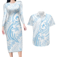 Hawaii Plumeria Lokelani Pikake Lei Couples Matching Long Sleeve Bodycon Dress and Hawaiian Shirt Uliuli Polynesian Tattoo LT9 Blue - Polynesian Pride