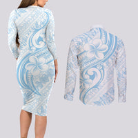 Hawaii Plumeria Lokelani Pikake Lei Couples Matching Long Sleeve Bodycon Dress and Long Sleeve Button Shirt Uliuli Polynesian Tattoo LT9 - Polynesian Pride
