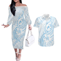 Hawaii Plumeria Lokelani Pikake Lei Couples Matching Off The Shoulder Long Sleeve Dress and Hawaiian Shirt Uliuli Polynesian Tattoo LT9 Blue - Polynesian Pride