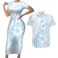 Hawaii Plumeria Lokelani Pikake Lei Couples Matching Short Sleeve Bodycon Dress and Hawaiian Shirt Uliuli Polynesian Tattoo