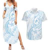Hawaii Plumeria Lokelani Pikake Lei Couples Matching Summer Maxi Dress and Hawaiian Shirt Uliuli Polynesian Tattoo