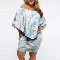Hawaii Plumeria Lokelani Pikake Lei Off Shoulder Short Dress Uliuli Polynesian Tattoo LT9 Women Blue - Polynesian Pride
