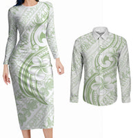 Hawaii Plumeria Lokelani Pikake Lei Couples Matching Long Sleeve Bodycon Dress and Long Sleeve Button Shirt Oma'oma'o Polynesian Tattoo LT9 Green - Polynesian Pride