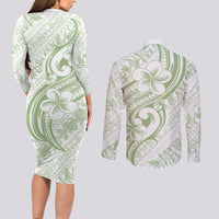 Hawaii Plumeria Lokelani Pikake Lei Couples Matching Long Sleeve Bodycon Dress and Long Sleeve Button Shirt Oma'oma'o Polynesian Tattoo LT9 - Polynesian Pride