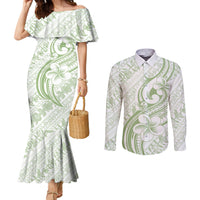 Hawaii Plumeria Lokelani Pikake Lei Couples Matching Mermaid Dress and Long Sleeve Button Shirt Oma'oma'o Polynesian Tattoo LT9 Green - Polynesian Pride