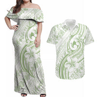 Hawaii Plumeria Lokelani Pikake Lei Couples Matching Off Shoulder Maxi Dress and Hawaiian Shirt Oma'oma'o Polynesian Tattoo LT9 Green - Polynesian Pride