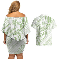 Hawaii Plumeria Lokelani Pikake Lei Couples Matching Off Shoulder Short Dress and Hawaiian Shirt Oma'oma'o Polynesian Tattoo