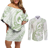 Hawaii Plumeria Lokelani Pikake Lei Couples Matching Off Shoulder Short Dress and Long Sleeve Button Shirt Oma'oma'o Polynesian Tattoo