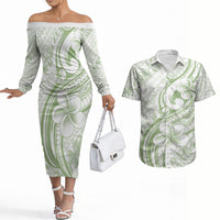 Hawaii Plumeria Lokelani Pikake Lei Couples Matching Off The Shoulder Long Sleeve Dress and Hawaiian Shirt Oma'oma'o Polynesian Tattoo LT9 Green - Polynesian Pride
