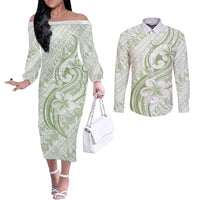 Hawaii Plumeria Lokelani Pikake Lei Couples Matching Off The Shoulder Long Sleeve Dress and Long Sleeve Button Shirt Oma'oma'o Polynesian Tattoo LT9 Green - Polynesian Pride