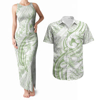 Hawaii Plumeria Lokelani Pikake Lei Couples Matching Tank Maxi Dress and Hawaiian Shirt Oma'oma'o Polynesian Tattoo LT9 Green - Polynesian Pride