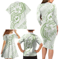 Hawaii Plumeria Lokelani Pikake Lei Family Matching Long Sleeve Bodycon Dress and Hawaiian Shirt Oma'oma'o Polynesian Tattoo