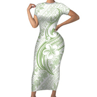 Hawaii Plumeria Lokelani Pikake Lei Short Sleeve Bodycon Dress Oma'oma'o Polynesian Tattoo LT9 Long Dress Green - Polynesian Pride