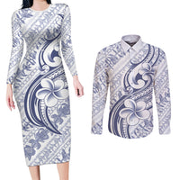 Hawaii Plumeria Lokelani Pikake Lei Couples Matching Long Sleeve Bodycon Dress and Long Sleeve Button Shirt Navy Blue Polynesian Tattoo LT9 Navy Blue - Polynesian Pride