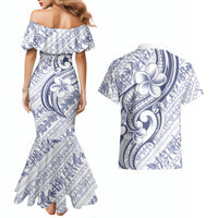 Hawaii Plumeria Lokelani Pikake Lei Couples Matching Mermaid Dress and Hawaiian Shirt Navy Blue Polynesian Tattoo LT9 - Polynesian Pride