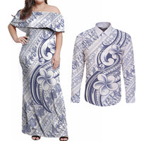 Hawaii Plumeria Lokelani Pikake Lei Couples Matching Off Shoulder Maxi Dress and Long Sleeve Button Shirt Navy Blue Polynesian Tattoo