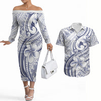 Hawaii Plumeria Lokelani Pikake Lei Couples Matching Off The Shoulder Long Sleeve Dress and Hawaiian Shirt Navy Blue Polynesian Tattoo LT9 Navy Blue - Polynesian Pride