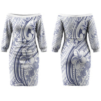 Hawaii Plumeria Lokelani Pikake Lei Couples Matching Off The Shoulder Long Sleeve Dress and Hawaiian Shirt Navy Blue Polynesian Tattoo LT9 - Polynesian Pride