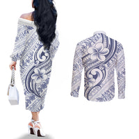 Hawaii Plumeria Lokelani Pikake Lei Couples Matching Off The Shoulder Long Sleeve Dress and Long Sleeve Button Shirt Navy Blue Polynesian Tattoo LT9 - Polynesian Pride