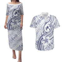 Hawaii Plumeria Lokelani Pikake Lei Couples Matching Puletasi and Hawaiian Shirt Navy Blue Polynesian Tattoo