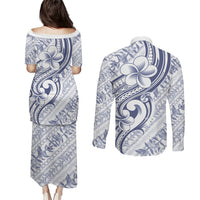 Hawaii Plumeria Lokelani Pikake Lei Couples Matching Puletasi and Long Sleeve Button Shirt Navy Blue Polynesian Tattoo LT9 - Polynesian Pride