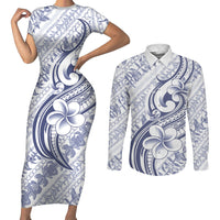 Hawaii Plumeria Lokelani Pikake Lei Couples Matching Short Sleeve Bodycon Dress and Long Sleeve Button Shirt Navy Blue Polynesian Tattoo