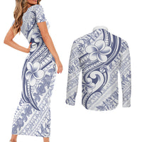 Hawaii Plumeria Lokelani Pikake Lei Couples Matching Short Sleeve Bodycon Dress and Long Sleeve Button Shirt Navy Blue Polynesian Tattoo LT9 - Polynesian Pride