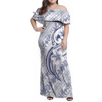 Hawaii Plumeria Lokelani Pikake Lei Family Matching Off Shoulder Maxi Dress and Hawaiian Shirt Navy Blue Polynesian Tattoo