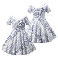 Hawaii Plumeria Lokelani Pikake Lei Family Matching Short Sleeve Bodycon Dress and Hawaiian Shirt Navy Blue Polynesian Tattoo LT9 Daughter's Dress Navy Blue - Polynesian Pride