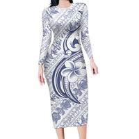 Hawaii Plumeria Lokelani Pikake Lei Long Sleeve Bodycon Dress Navy Blue Polynesian Tattoo LT9 Long Dress Navy Blue - Polynesian Pride