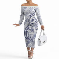 Hawaii Plumeria Lokelani Pikake Lei Off The Shoulder Long Sleeve Dress Navy Blue Polynesian Tattoo LT9 Women Navy Blue - Polynesian Pride