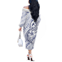 Hawaii Plumeria Lokelani Pikake Lei Off The Shoulder Long Sleeve Dress Navy Blue Polynesian Tattoo LT9 - Polynesian Pride