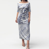 Hawaii Plumeria Lokelani Pikake Lei Puletasi Navy Blue Polynesian Tattoo LT9 Long Dress Navy Blue - Polynesian Pride