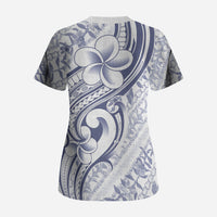 Hawaii Plumeria Lokelani Pikake Lei Scrub Top Navy Blue Polynesian Tattoo