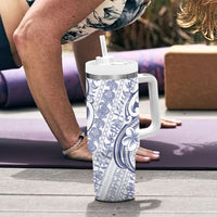 Hawaii Plumeria Lokelani Pikake Lei Tumbler With Handle Navy Blue Polynesian Tattoo