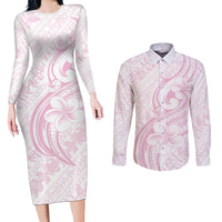 Hawaii Plumeria Lokelani Pikake Lei Couples Matching Long Sleeve Bodycon Dress and Long Sleeve Button Shirt Poni Mama Polynesian Tattoo LT9 Pink - Polynesian Pride