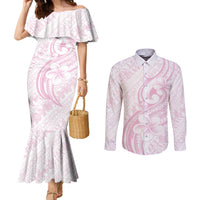 Hawaii Plumeria Lokelani Pikake Lei Couples Matching Mermaid Dress and Long Sleeve Button Shirt Poni Mama Polynesian Tattoo LT9 Pink - Polynesian Pride