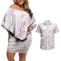 Hawaii Plumeria Lokelani Pikake Lei Couples Matching Off Shoulder Short Dress and Hawaiian Shirt Poni Mama Polynesian Tattoo LT9 Pink - Polynesian Pride
