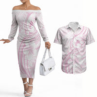 Hawaii Plumeria Lokelani Pikake Lei Couples Matching Off The Shoulder Long Sleeve Dress and Hawaiian Shirt Poni Mama Polynesian Tattoo LT9 Pink - Polynesian Pride