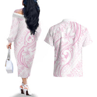 Hawaii Plumeria Lokelani Pikake Lei Couples Matching Off The Shoulder Long Sleeve Dress and Hawaiian Shirt Poni Mama Polynesian Tattoo LT9 - Polynesian Pride