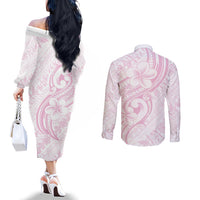 Hawaii Plumeria Lokelani Pikake Lei Couples Matching Off The Shoulder Long Sleeve Dress and Long Sleeve Button Shirt Poni Mama Polynesian Tattoo LT9 - Polynesian Pride