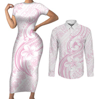 Hawaii Plumeria Lokelani Pikake Lei Couples Matching Short Sleeve Bodycon Dress and Long Sleeve Button Shirt Poni Mama Polynesian Tattoo LT9 Pink - Polynesian Pride