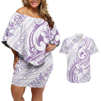 Hawaii Plumeria Lokelani Pikake Lei Couples Matching Off Shoulder Short Dress and Hawaiian Shirt Poni Polynesian Tattoo
