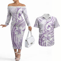 Hawaii Plumeria Lokelani Pikake Lei Couples Matching Off The Shoulder Long Sleeve Dress and Hawaiian Shirt Poni Polynesian Tattoo LT9 Purple - Polynesian Pride