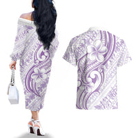 Hawaii Plumeria Lokelani Pikake Lei Couples Matching Off The Shoulder Long Sleeve Dress and Hawaiian Shirt Poni Polynesian Tattoo LT9 - Polynesian Pride